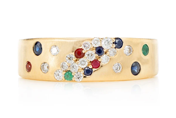 Scattered Cluster Multi Gem And Diamond Band Ring 14k Solid Gold 0.35ctw