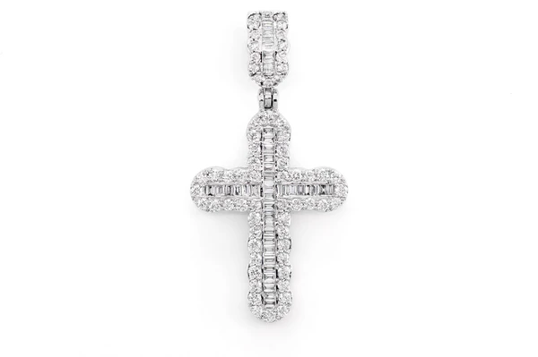 Round And Baguette Diamond Cross Pendant 14k Solid Gold 0.66ctw