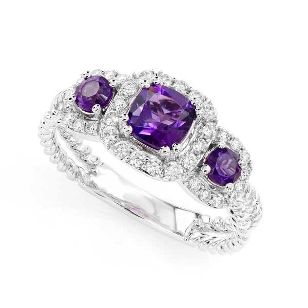 Amethyst And Diamond Three Stone Split Shank Rope Ring 14k Solid Gold 1.00ctw