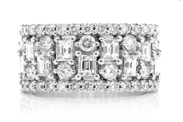 Baguette And Round Pattern Border Diamond Band Ring 14k Solid 2.20ctw
