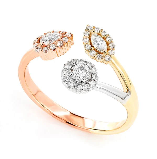 Tri Tone Multi Shape Open Bypass Diamond Ring 14k Solid Gold 0.45ctw