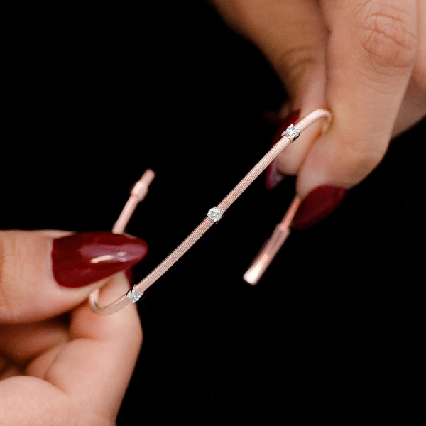 Textured Three Stone Diamond Bangle Bracelet 0.15ctw 14k Solid Gold