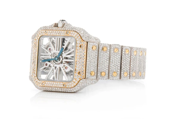 Cartier Santos De Cartier Skeleton 18k Yellow Gold & Steel 40MM - 18.50ctw Fully Iced Out