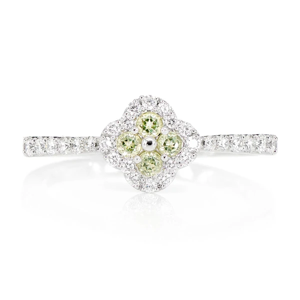 Clover Peridot Green And Diamond Cluster Halo Ring 14k Solid Gold 0.25ctw