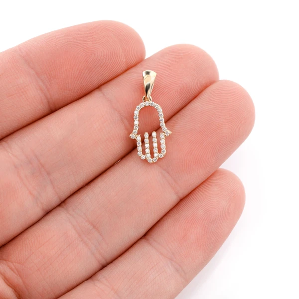 Open Diamond Hamsa Pendant 14k Solid Gold 0.15ctw