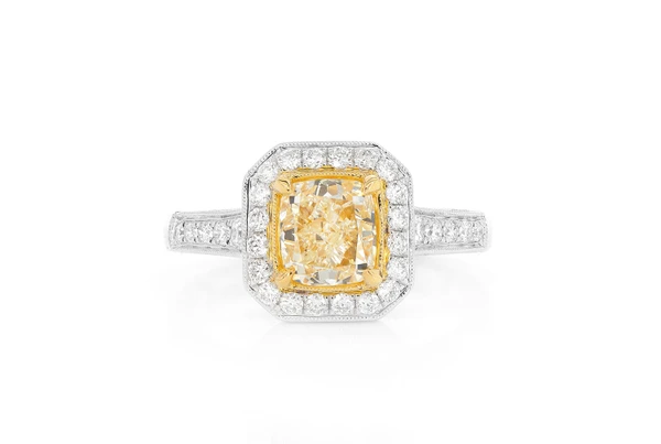 1.50ct Cushion Yellow Diamond - Millgrain Halo - Diamond Engagement Ring - All Natural