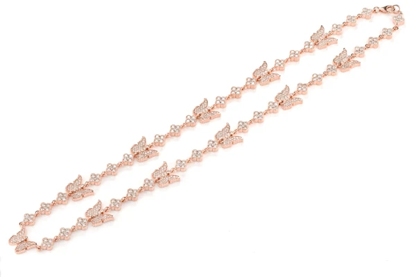 Butterfly Clover Diamond Station Chain 14k Solid Gold 7.20ctw