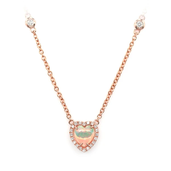 Opal And Diamond Heart Pendant Attached Necklace 14k Solid Gold 0.50ctw 