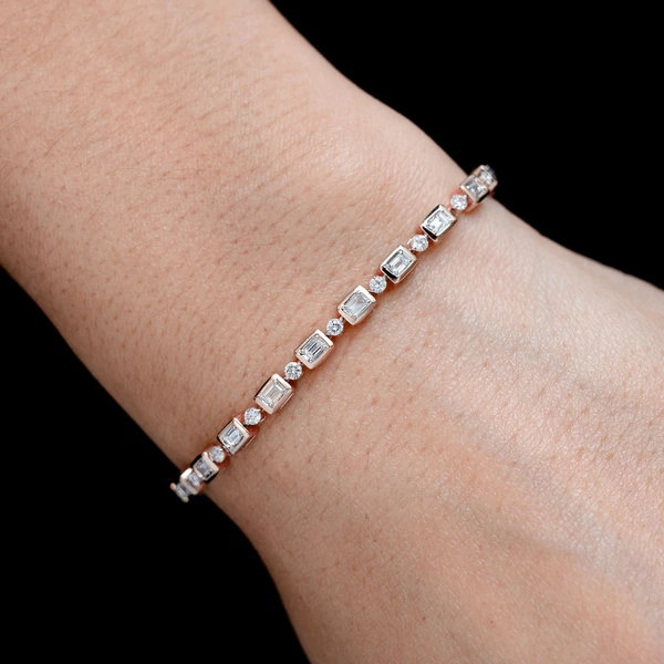 Diamond Baguette And Round Bezel Alternating Link Bracelet 14k Solid Gold 1.20ctw