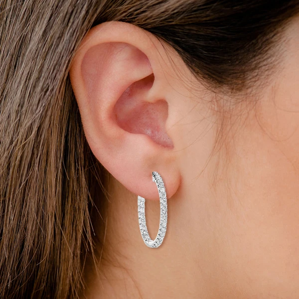 Oval Diamond Inside Outside Hoop Earrings 14k Solid Gold 1.15ctw