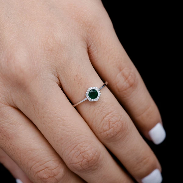 Emerald And Diamond Hexagon Halo Ring 14k Solid Gold 0.25ctw
