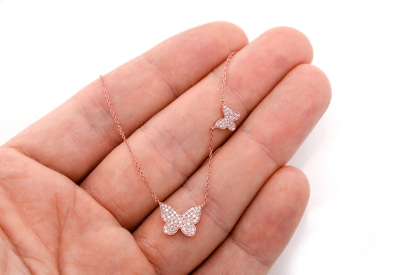Double Butterfly Diamond Necklace Attached 14k Solid Gold 0.37ctw