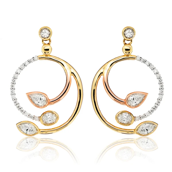 Tri Tone Mixed Shape Diamond Sprial Dangle Earrings 14k Solid Gold 0.70ctw