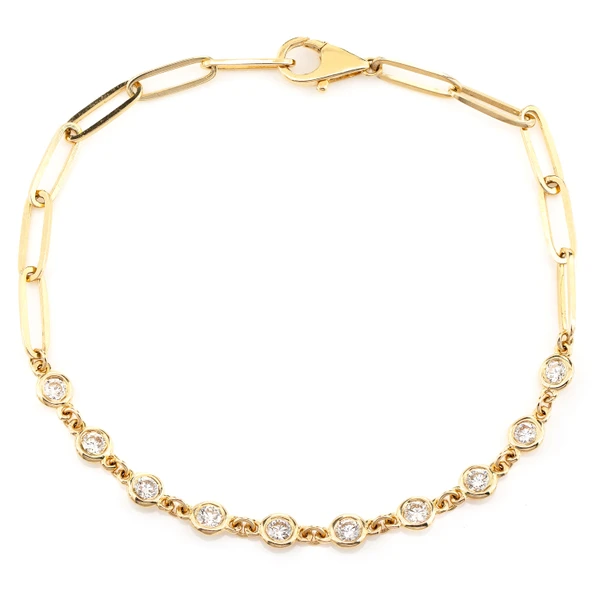 Elongated Diamond Bezel Rolo Link Bracelet 14k Solid Gold 0.70ctw