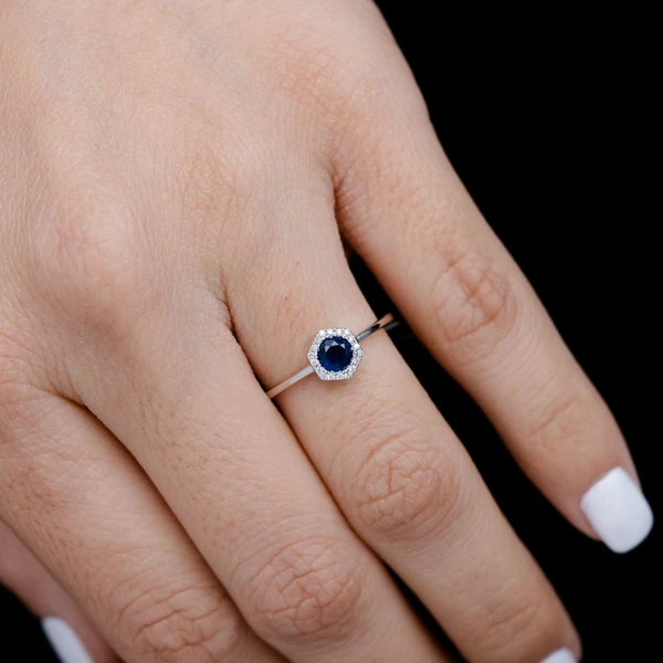 Sapphire And Diamond Halo Hexagon Ring 14k Soild Gold 0.38ctw