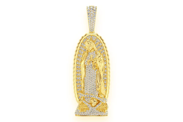 Virgin Of Guadalupe Statue Diamond Pendant 14k Solid Gold 3.20ctw