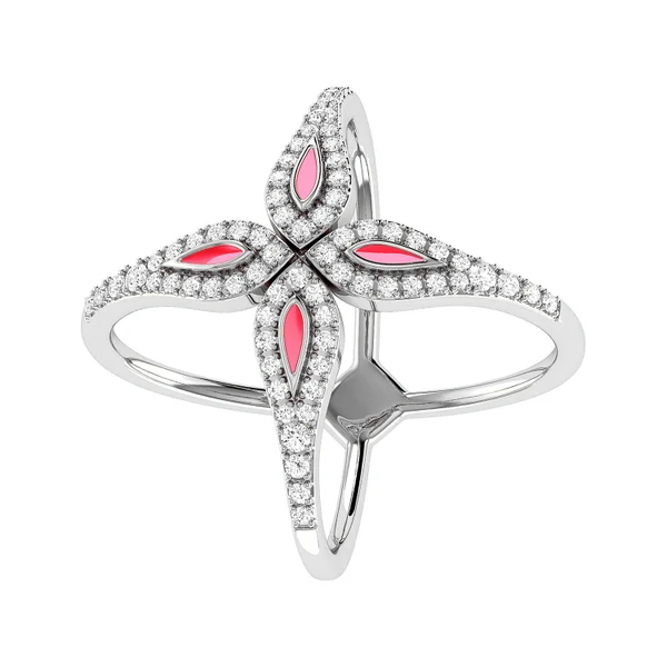 0.35ctw Criss-Cross Pink Enamel Diamond Ring - All Natural - 14k Solid Gold