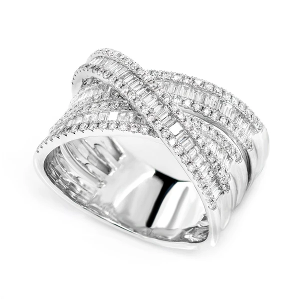 Three Row Baguette And Round Diamond Twist Ring 14k Solid Gold 1.25ctw