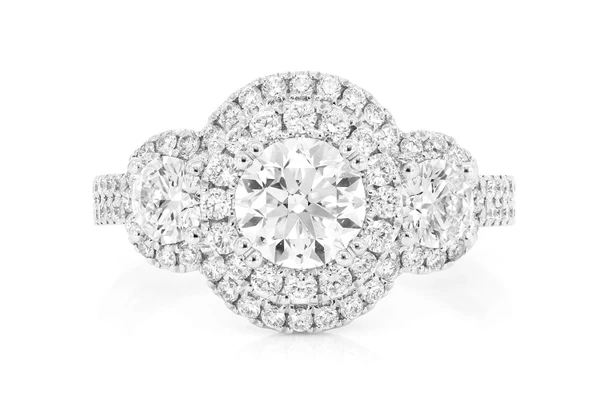1.00ct Round Solitaire - Three Stone Double Halo Diamond Engagement Ring - All Natural