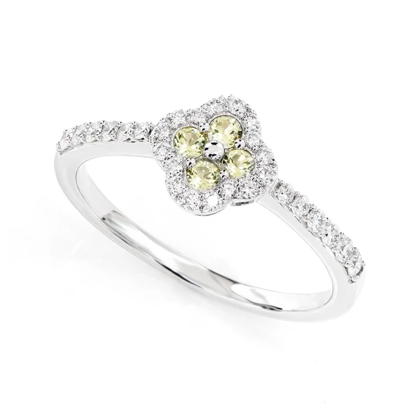 Clover Peridot Green And Diamond Cluster Halo Ring 14k Solid Gold 0.25ctw