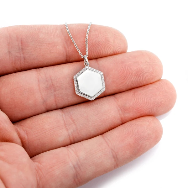 Diamond Halo Hexagon Pendant Necklace Attached 14k Solid Gold 0.15ctw 