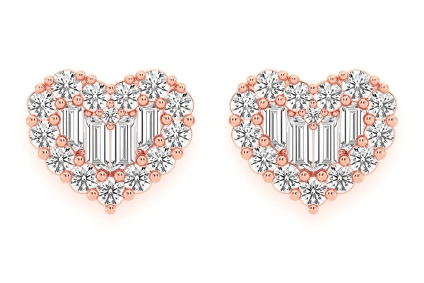 Heart Baguette Stud Earrings Solid Gold 14k .80ctw 