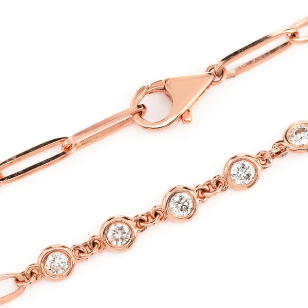Elongated Diamond Bezel Rolo Link Bracelet 14k Solid Gold 0.70ctw