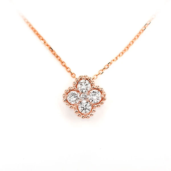 Beaded Border Diamond Clover Necklace Attached 14k Solid Gold 0.40ctw