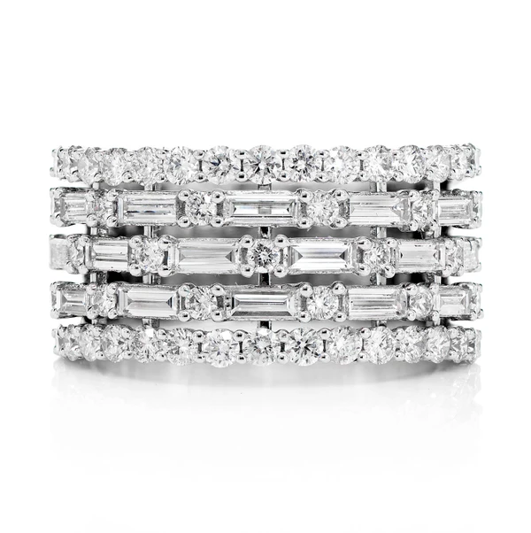 Five Row Baguette And Round Diamond Band Ring 14k Solid Gold 2.30ctw 