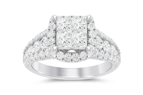 2.00ctw - Princess Cut Quad - Halo - Diamond Engagement Ring - All Natural