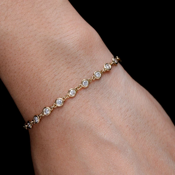 Elongated Diamond Bezel Rolo Link Bracelet 14k Solid Gold 0.70ctw
