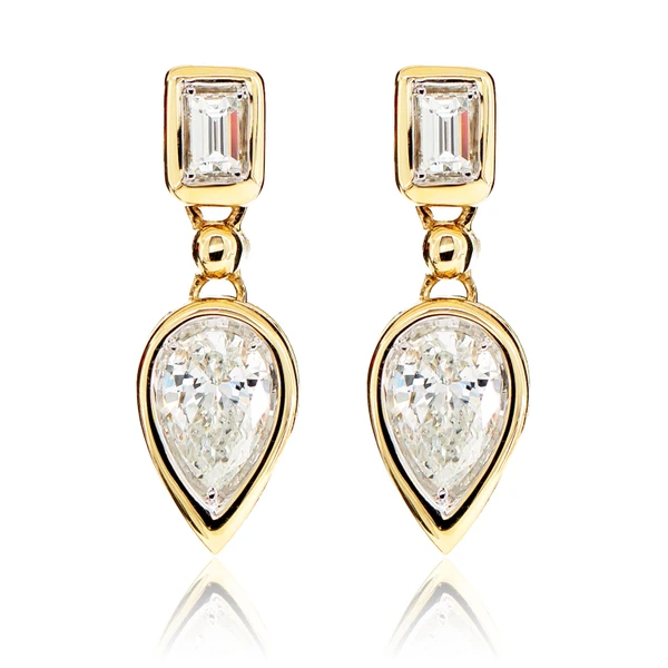 Diamond Dangling Pear Bezel Earrings 14k Solid Gold 0.75ctw