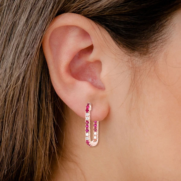 Ruby And Diamond Rectangle Huggie Hoop Earrings 14k Solid Gold 0.80ctw
