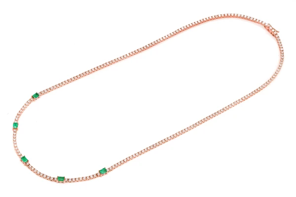 Diamond Tennis Necklace With Emerald Gemstones 14k Solid Gold 5.90ctw