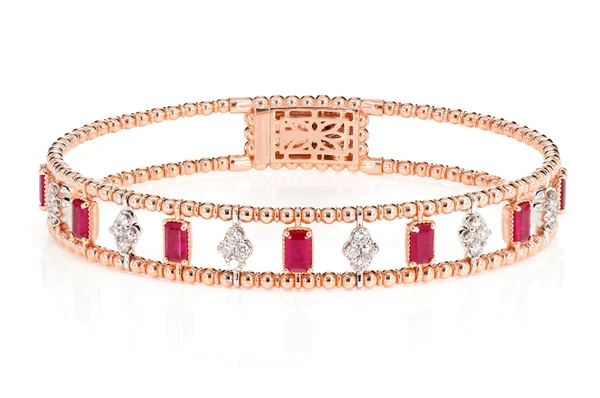 Ruby And Diamond Cluster Stone Beaded Bangle Bracelet 14k Solid Gold 2.70ctw