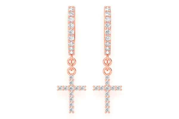 Cross Dangling Hoop Diamond Earrings 14k Solid Gold 0.20ctw