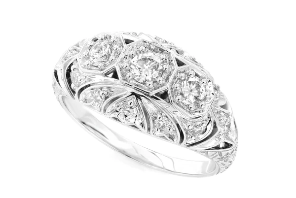 Art Deco Inspired Geometric Floral Diamond Ring 14k Solid Gold 0.65ctw