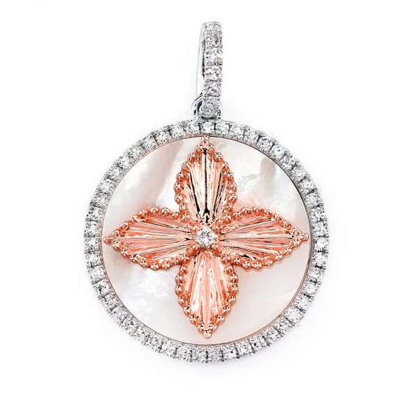 Mother Of Pearl And Diamond Four Petal Flower Disc Pendant 14k Solid Gold 3.71ctw