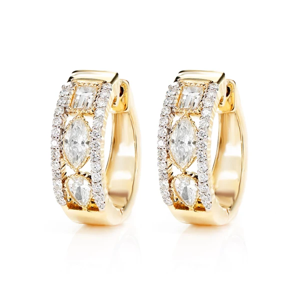 Open Diamond Multi Shape Hoop Earrings 14k Solid Gold 1.05ctw