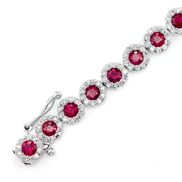 Ruby And Diamond Halo Tennis Bracelet 14k Solid Gold 9.00ctw