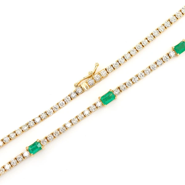 Diamond Tennis Necklace With Emerald Gemstones 14k Solid Gold 5.90ctw