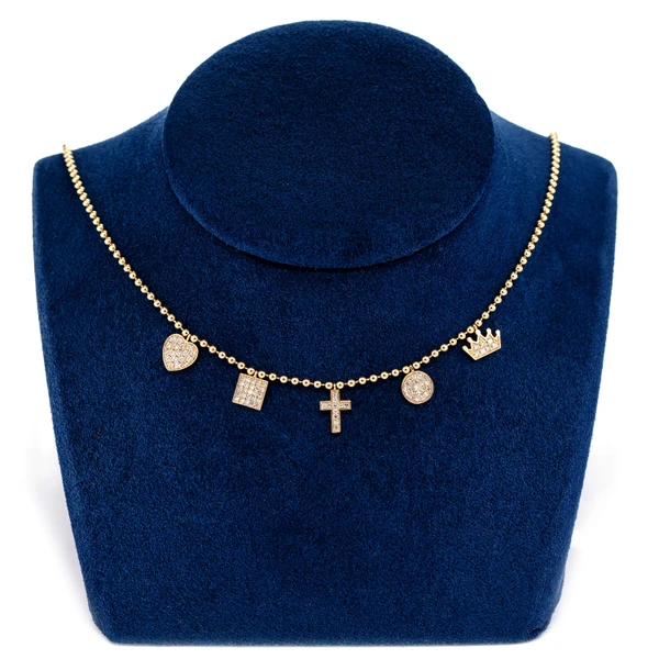Five Station Diamond Charm Dangle Station Bead Chain Necklace 14k Solid Gold 0.50ctw