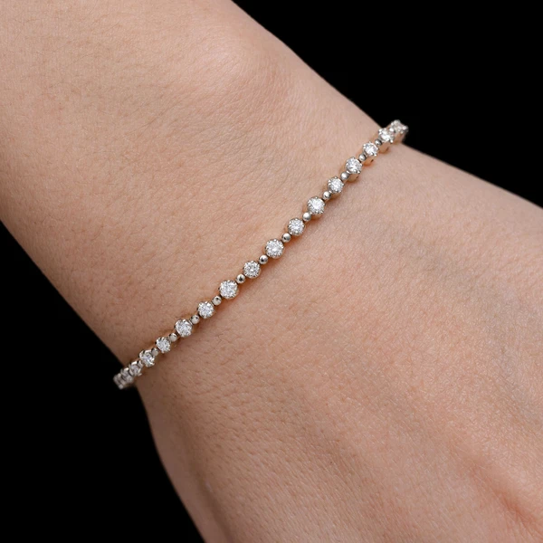 Beaded Crown Set Diamond Link Bracelet 14k Solid Gold 1.75ctw