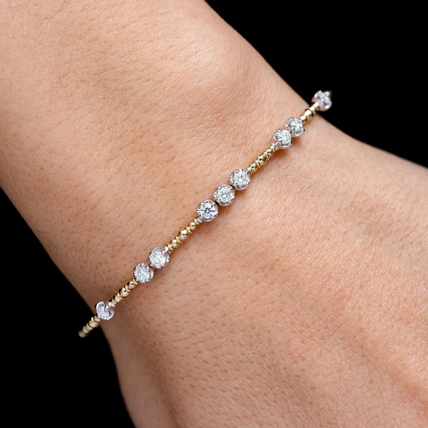 Graduated Beaded Flex Diamond Bangle Bracelet 14k Solid Gold 0.60ctw