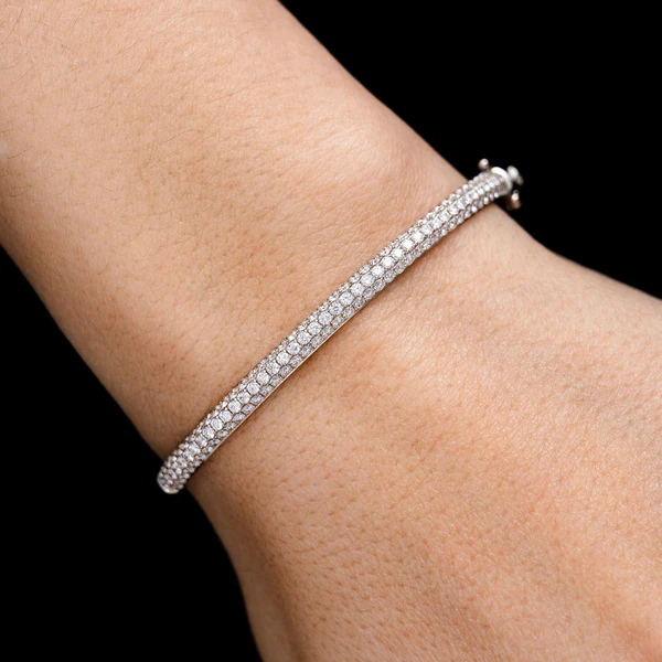 Diamond Three Row Pave Bangle Bracelet 14k Solid Gold 1.95ctw