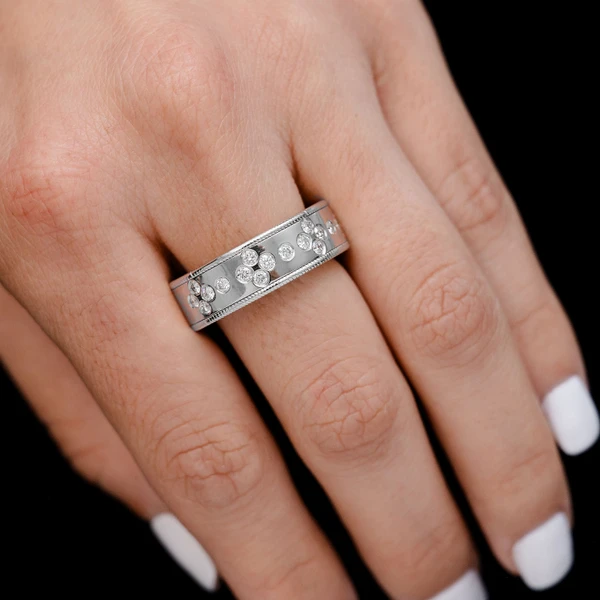 Gypsy Set Cluster Border Band Ring 14k Solid Gold 0.70ctw