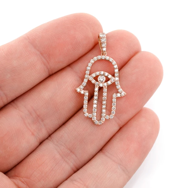 Open Hamsa Evil Eye Diamond Pendant 14k Solid Gold 0.85ctw