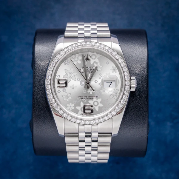 Rolex Datejust 36MM (116244) - Silver Flower Dial - Factory Diamond Bezel - Jubilee Brac - Watch & Card