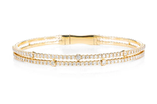 Two Row Scattered Bezel Flex Bangle Bracelet 14k Solid Gold 1.55ctw
