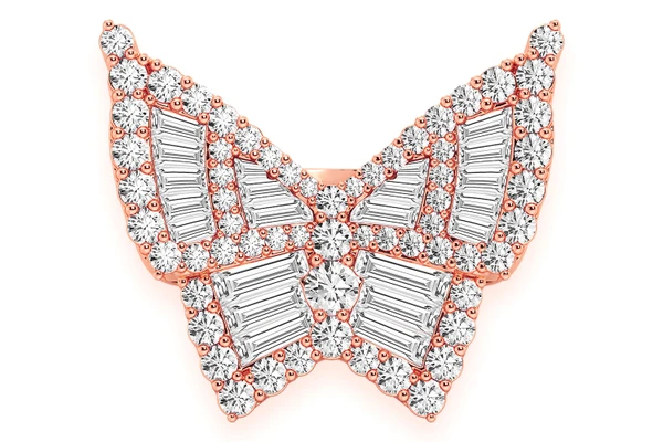 Butterfly Baguette Signet Diamond Ring 14k Solid Gold 1.85ctw